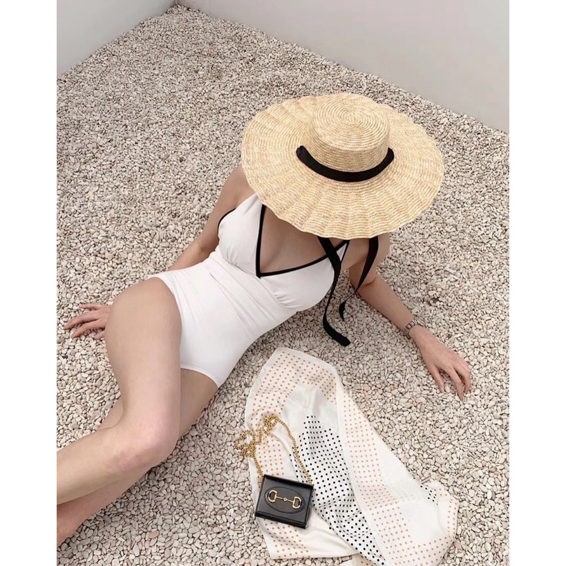 Bộ Đồ Bơi Một Mảnh Màu Trắng Đen Cổ Chữ V Khoét Sâu Phong Cách Retro Gợi Cảm Cho Nữ