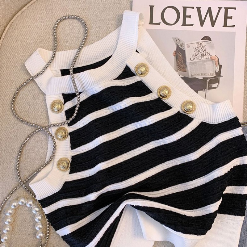 New French-style striped knitted shirt for girls sleeveless camisole slim-fit hot girl top