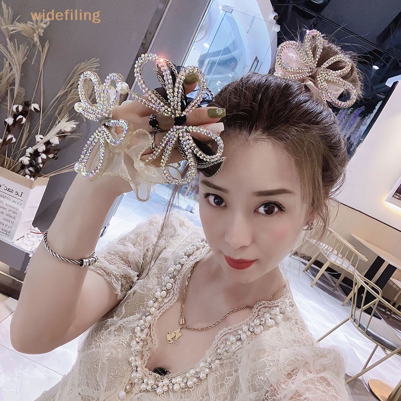 Dây Cột Tóc Bản Rộng Co Giãn Đính Đá Hình Nơ Xinh Xắn Cho Nữ