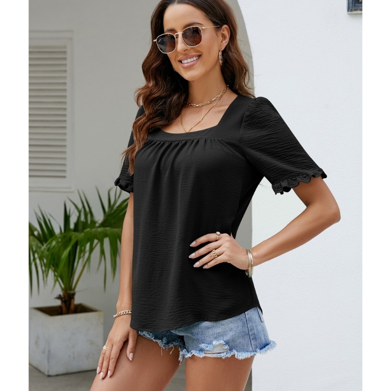 Áo Thun Nữ Cổ Chữ U Dáng Rộng Màu Trơn Kiểu Babydoll Thời Trang Mùa Hè