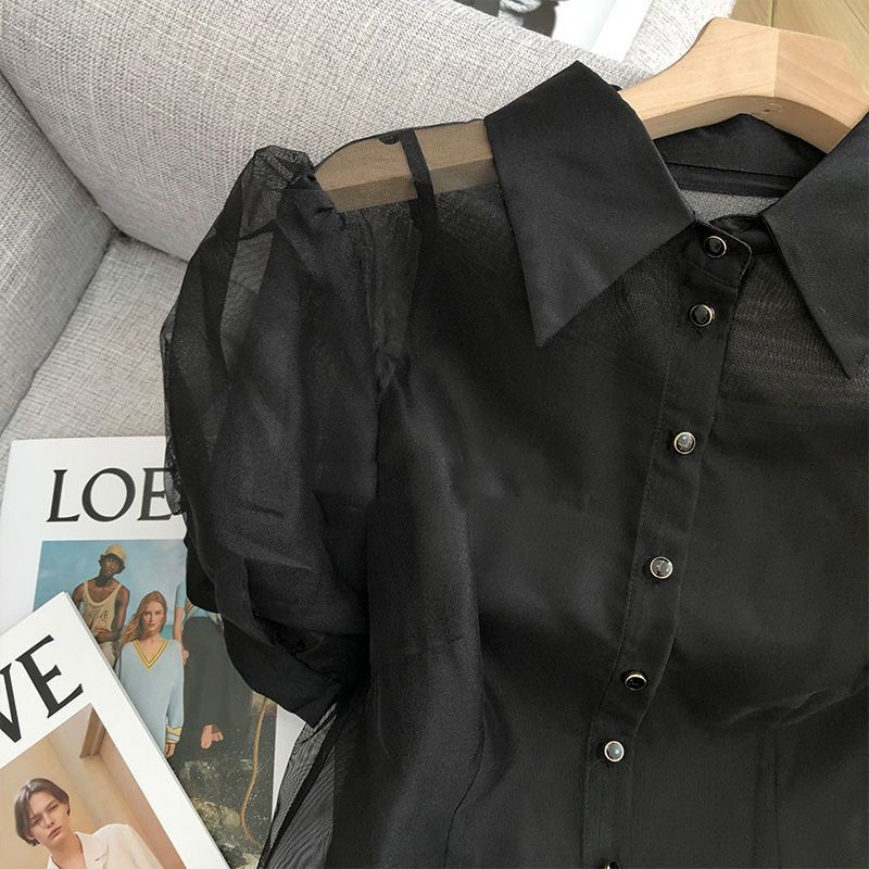 Áo Sơ Mi Tay Ngắn Phồng Trong Suốt Màu Đen Thời Trang Mùa Hè 2023 Cho Nữ
