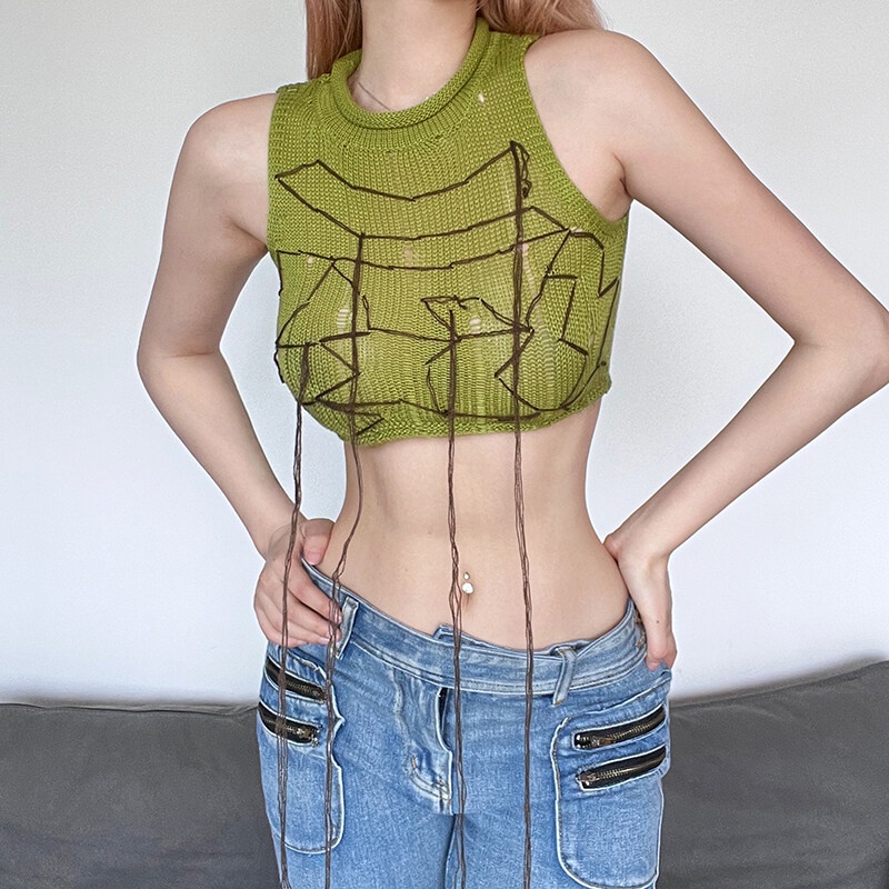 Kliou Áo Crop Top Dệt Kim Không Tay Dáng Ôm Phối Tua Rua Thời Trang Mùa Hè 2023 Y2K 2023