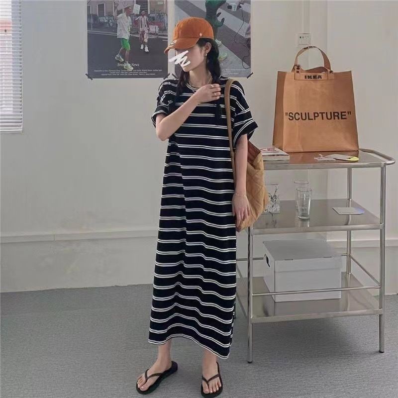 COZOK Váy Ngắn Tay Dáng Rộng Họa Tiết Sọc Thời Trang