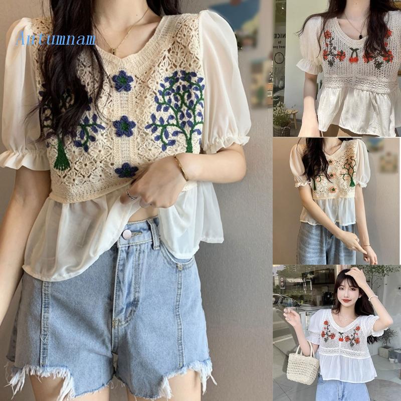 Áo Kiểu Chiffon Tay Ngắn Phồng Cổ Chữ V Thêu Họa Tiết Hoa Thời Trang Mùa Hè Cho Nữ