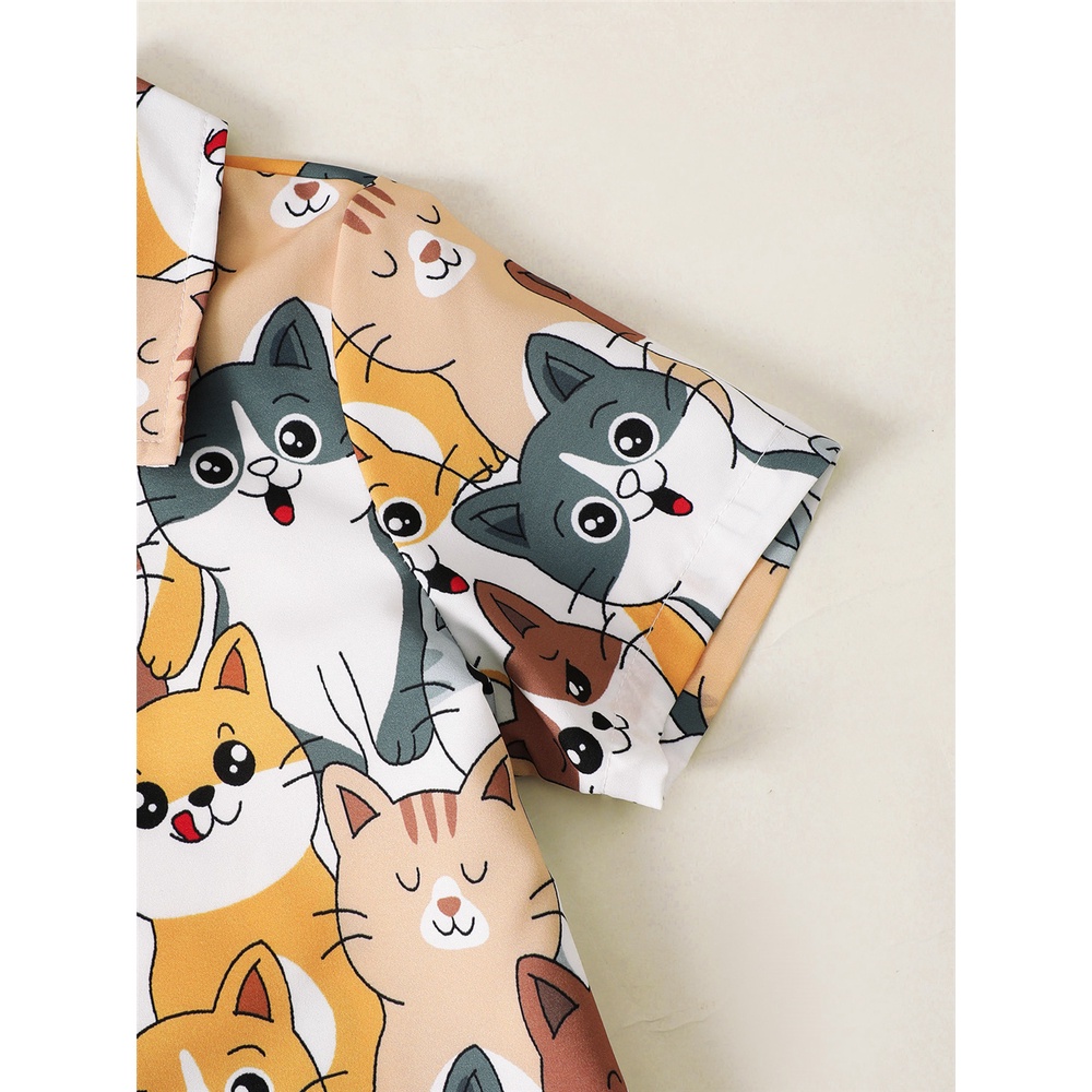 Set Đồ Mùa Hè 2 Món Gồm Áo Thun Polo Tay Cộc In Hình Mèo Hoạt Hình + Quần Ngắn Cho Bé Trai 4-7 Tuổi