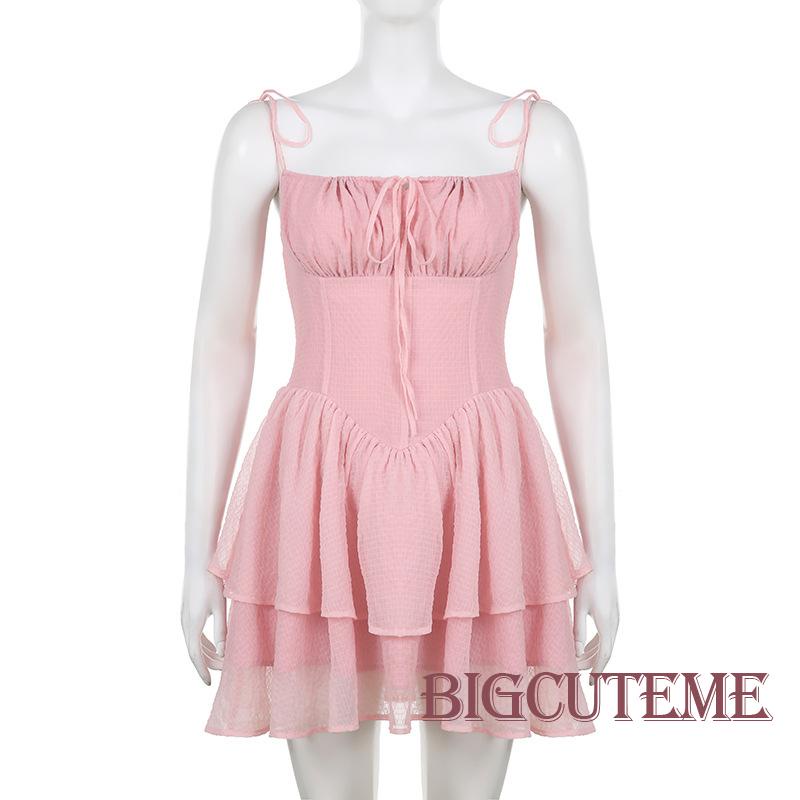 [] - Đầm Mini Dáng Chữ A Không Tay Có Dây Cột Vai Viền Bèo Nhún Màu Hồng Dễ Thương Cho Nữ