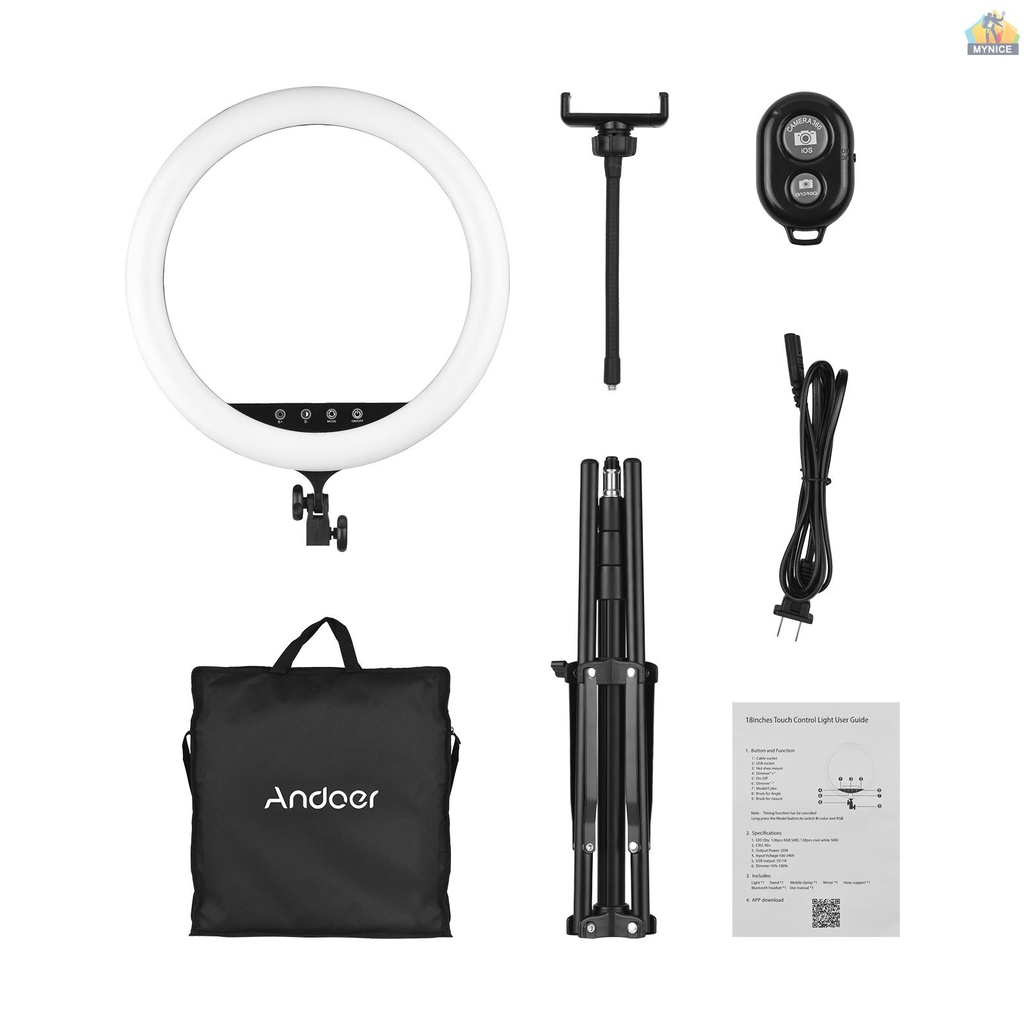 ANDOER Vòng Đèn LED 18 Inch RGB 2500K-8500K Cảm Ứng Điều Chỉnh Được + 190cm / 75in Kẹp Điện Thoại Linh Hoạt + Dây Điện Thoại