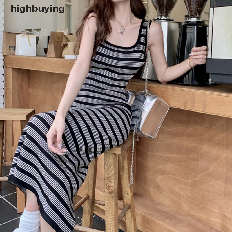 Đầm Dệt Kim Ôm Dáng Không Tay Họa Tiết Kẻ Sọc Phong Cách Retro Hàn Quốc Cho Nữ