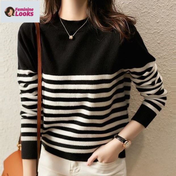 Áo Len Cổ Tròn Dáng Ôm Hoa Văn Kẻ Sọc Thời Trang