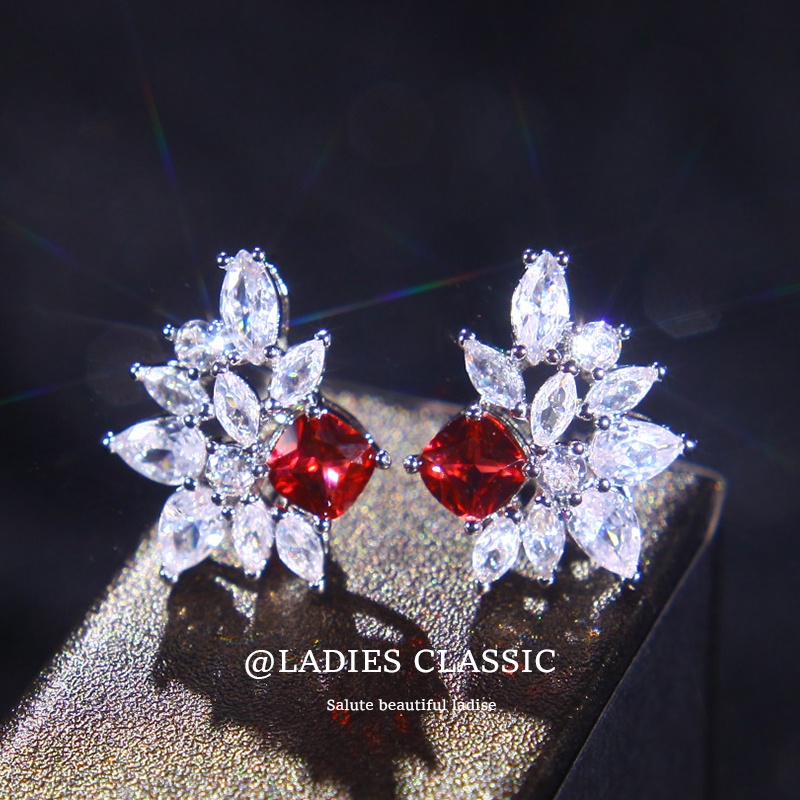 Bông Tai Đính Đá Ruby Sang Trọng Phong Cách Cổ Điển Thời Trang Dự Tiệc Cưới
