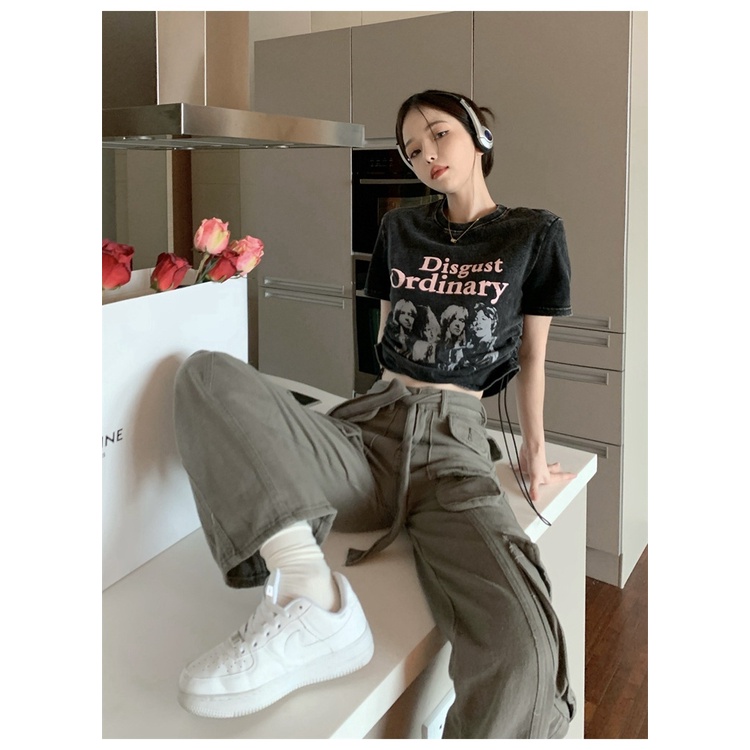 Áo Thun Ngắn Tay Lưng Cao Phối Dây Rút Phong Cách Retro Mỹ Mùa Hè Mới 2023 Cho Nữ