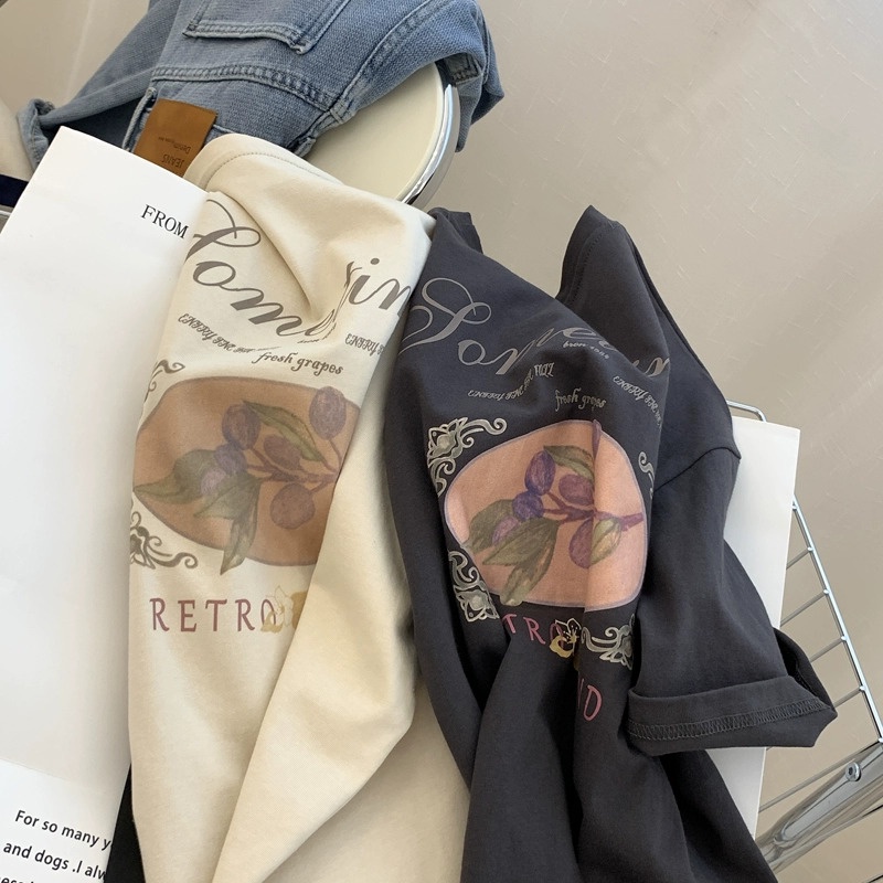 Áo thun SUXI tay ngắn cổ thuyền dáng rộng in họa tiết thời trang mùa hè xinh xắn cho nữ