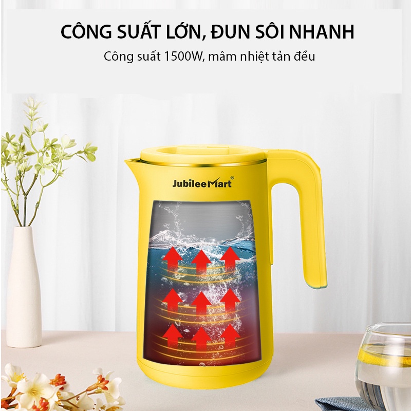 [CÓ GIẤY KIỂM ĐỊNH SỨC KHỎE] Ấm đun siêu tốc Jubilee Mart dung tích 1.8L inox 304 3 lớp công suất 1500W đun sôi nhanh