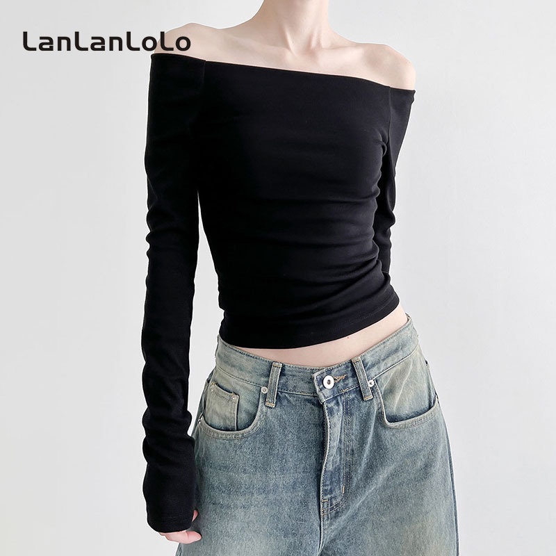 Áo thun LanLanLoLo tay dài dáng ôm trễ vai màu trơn quyến rũ 2023 cho nữ