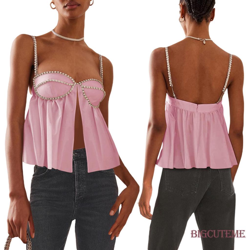 Áo Hai Dây Hở Lưng Đính Đá Thời Trang Đường Phố Mùa Hè Cho Nữ