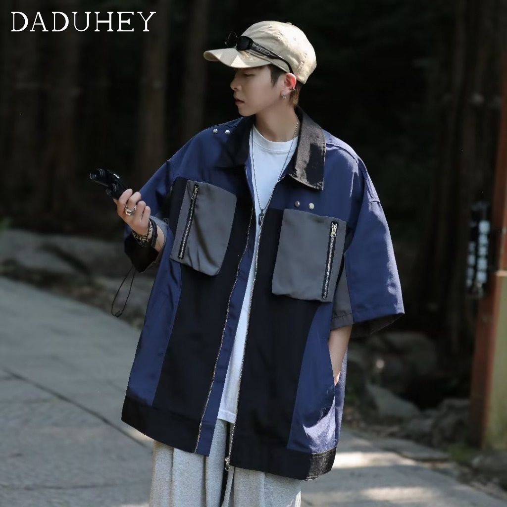 DaDuHey Men's 2023 New High Street Short Sleeve Overalls Jacket Ins Trendy All-Matching Loose Multicolor Jacket