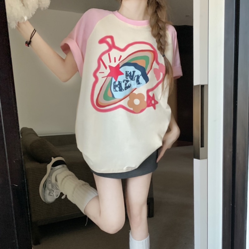 Áo Thun Tay Ngắn Dáng Rộng In Hình Hành Tinh Màu Sắc Đơn Giản Thời Trang Mùa Hè Năng Động