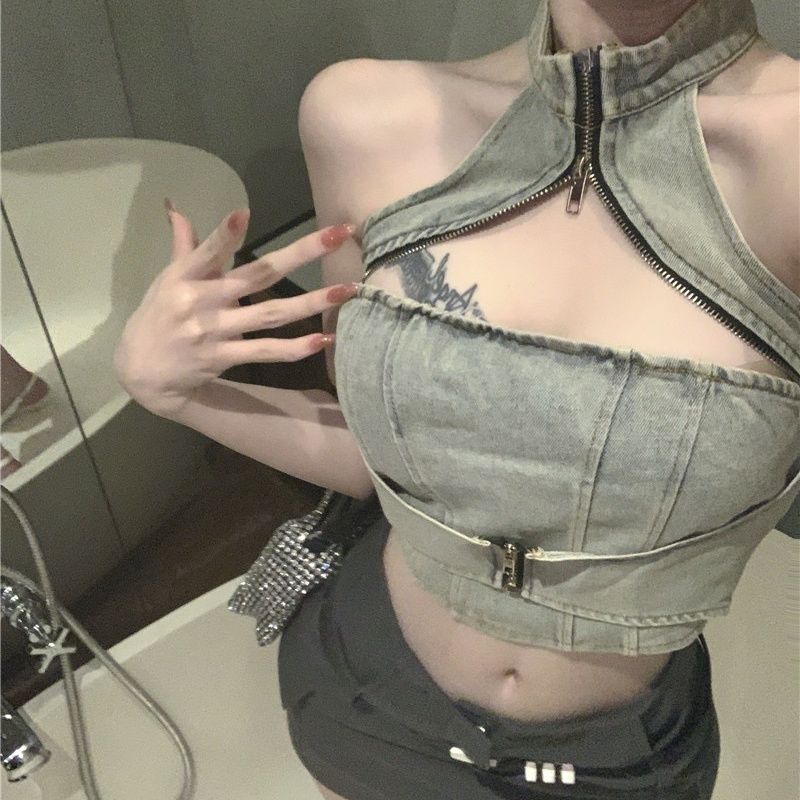 COZOK Áo denim Sát Nách Dáng Ngắn Kiểu vintage Cá Tính