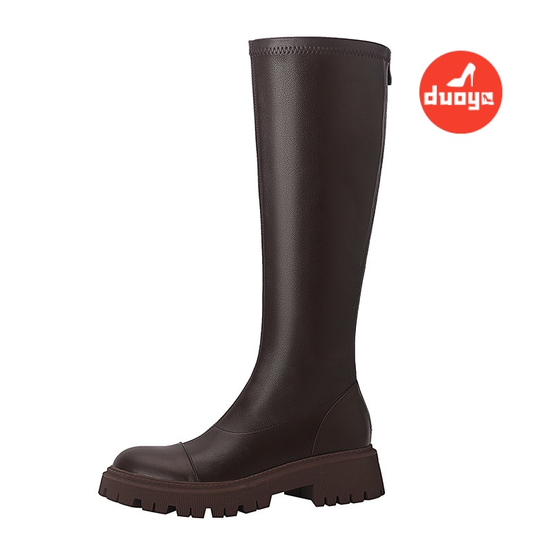 Duoya Factory Thẳng Hàng Có Sẵn ~ [Hàng Có Sẵn] Giày Bốt Dày Màu Nâu Đế Dày Ống Cao Đến Cao Cho Nữ Slimmer Fat mm St
