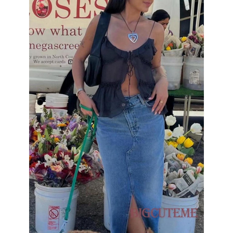 [] Áo Tank Top Hai Dây Phối Lưới Xuyên Thấu Màu Trơn Cổ Chữ V Gợi Cảm Cho Nữ Đen