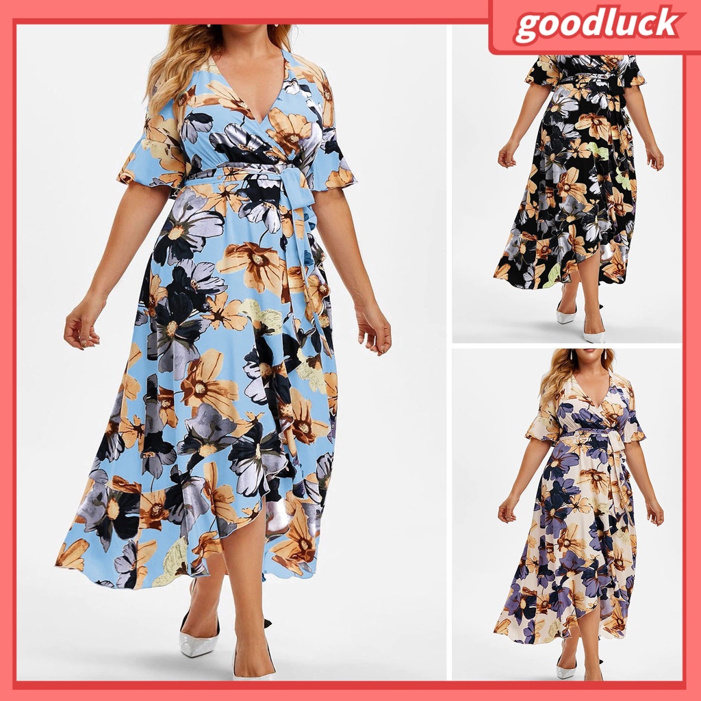 Đầm Tay Ngắn Cổ Chữ V Lưng Cao Cột Dây In Họa Tiết Hoa Phong Cách Bohemia Thời Trang Mùa Hè Cho Nữ