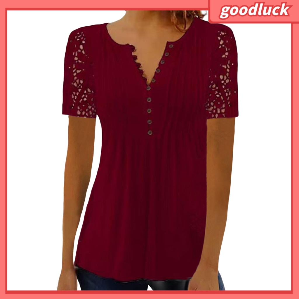 Áo Thun Tay Ngắn Cổ Chữ V Màu Trơn Phối Ren Lưới Xuyên Thấu Thời Trang Mùa Hè Cho Nữ