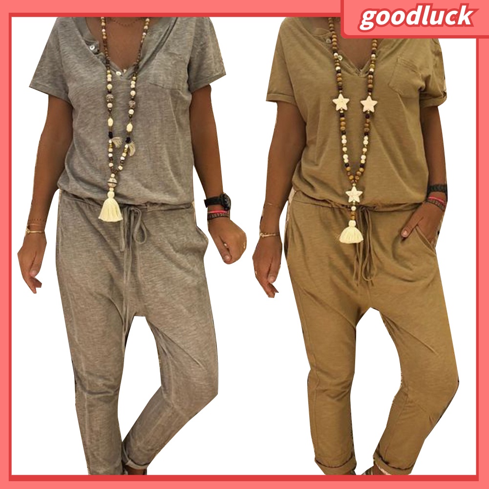 Áo liền quần Tay Ngắn Cổ Chữ V Màu Sắc Thanh Lịch