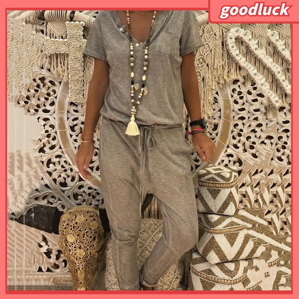 Áo liền quần Tay Ngắn Cổ Chữ V Màu Sắc Thanh Lịch