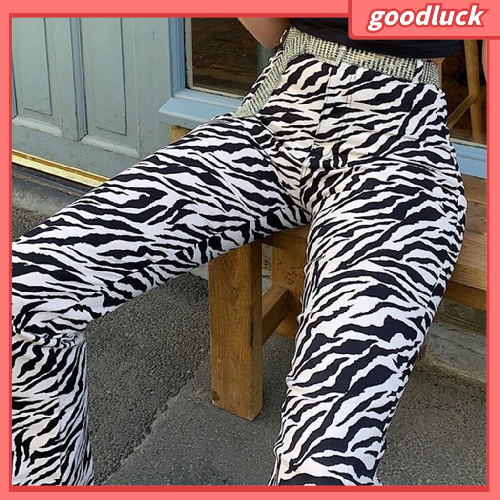 Quần Dài Lưng Cao Dáng Suông Cài Nút In Họa Tiết Ngựa Vằn Cho Nữ