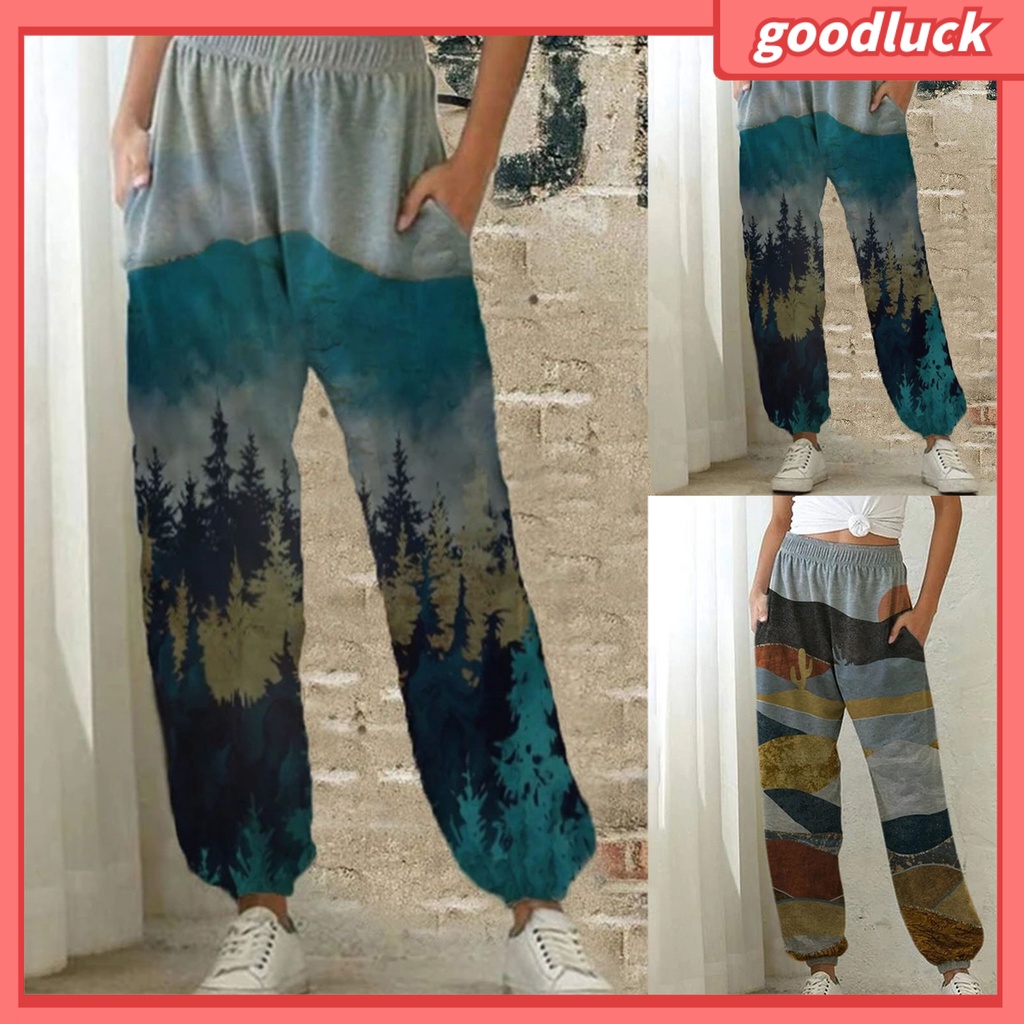 Quần Thể Thao Lưng Cao Dáng Rộng Có Túi In Hình Phong Cảnh Dành Cho Nữ