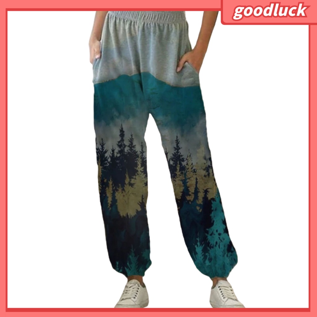 Quần Thể Thao Lưng Cao Dáng Rộng Có Túi In Hình Phong Cảnh Dành Cho Nữ