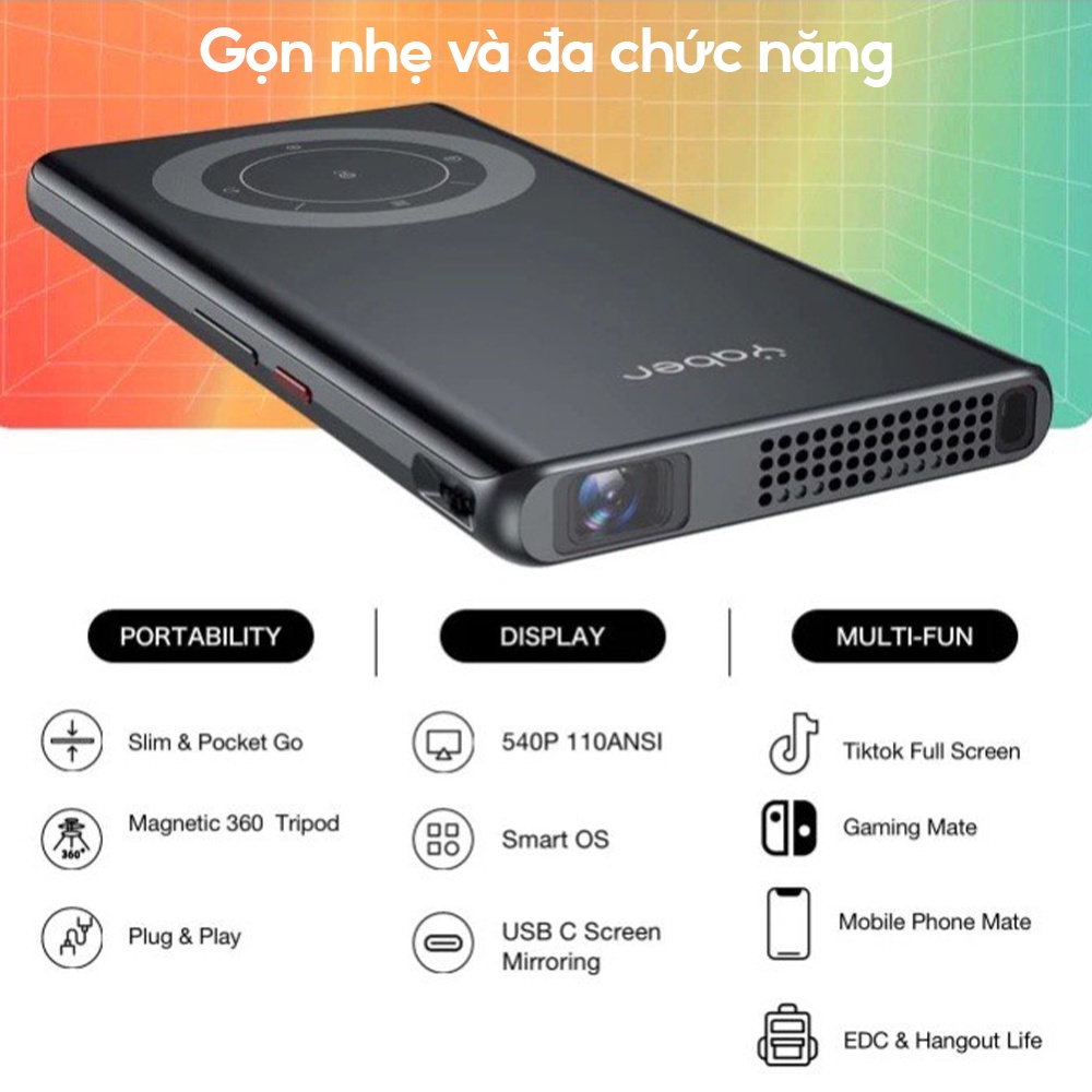 Máy chiếu mini bỏ túi YABER PICO T1 Wifi 5Ghz thiết kế sang trọng đăng cấp - Độ sáng 110 ASNI - MH 100" 1GB + 32GB