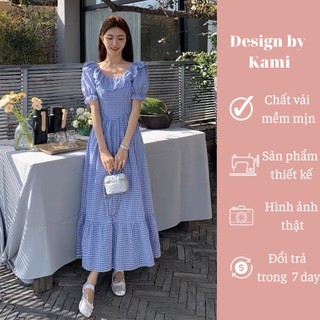 Váy kẻ caro trắng xanh dáng dài cổ tròn viền bèo MAYLIN DRESS size SMLXL Design by Kami