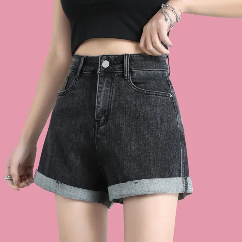 NZN Quần short Jean Nữ Lưng Cao Ống Rộng Màu Sắc Đơn Giản