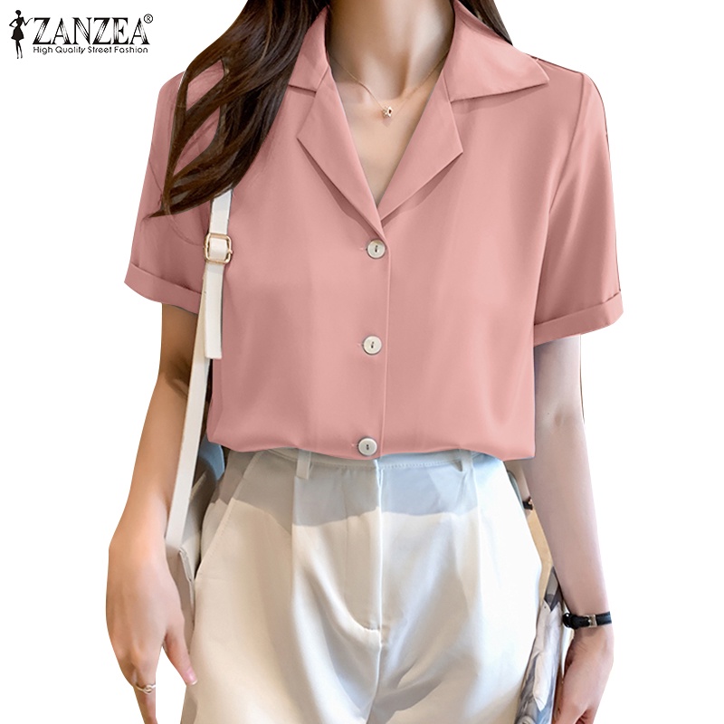 ZANZEA Áo Sơ Mi Nữ Tay Ngắn Cổ Chữ V Màu Trơn Phong Cách Hàn Quốc Thời Trang