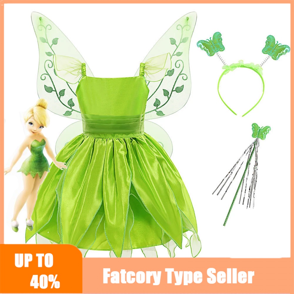 DISNEY Đầm Hóa Trang Công Chúa Tinkerbell Màu Xanh Lá Dành Cho Bé Gái