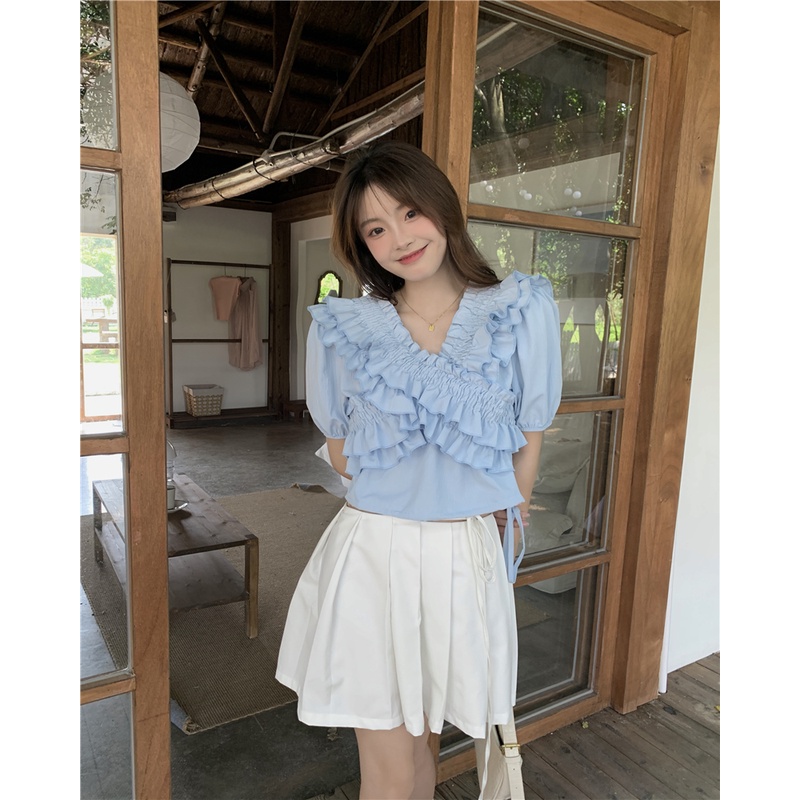 Áo Kiểu Trễ Vai Cổ Chữ V Phong Cách Hàn Quốc Ngọt Ngào Thời Trang Mùa Hè Cho Nữ