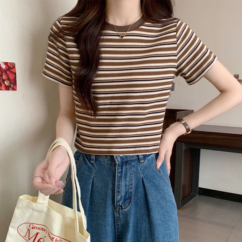 SUXI Áo Thun Ngắn Tay Cổ Tròn Họa Tiết Kẻ Sọc Phong Cách Vintage