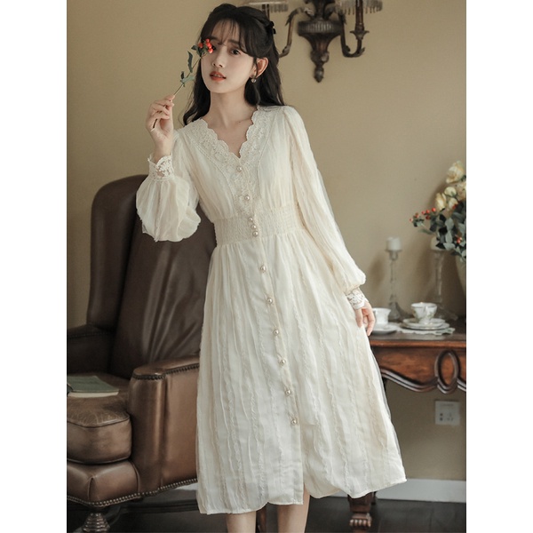 Đầm Midi Phối Ren Chiết Eo Phong Cách Pháp Thanh Lịch Thời Trang Mùa Xuân 2023 Mới