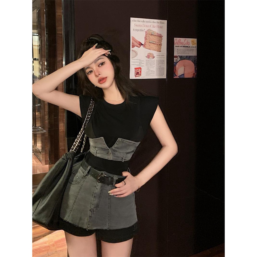 Set Áo Thun Ngắn Tay + Chân Váy Denim Thời Trang Mùa Hè Phong Cách Mới Cho Nữ