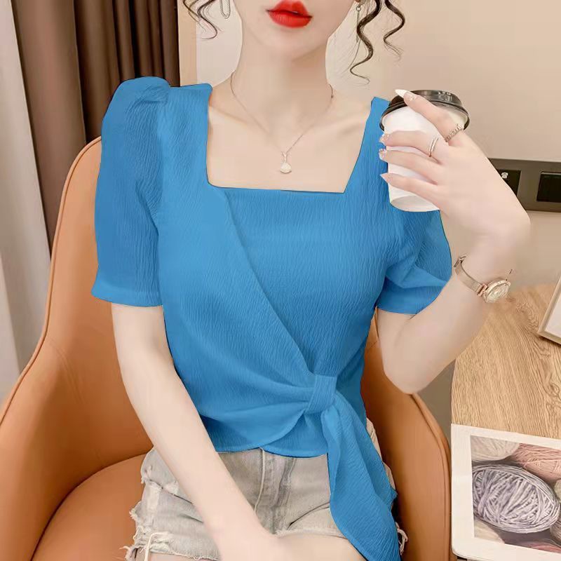 Áo Chiffon Tay Ngắn Phồng Cổ Vuông Thời Trang Mùa Hè 2023 Phong Cách Mới Cho Nữ
