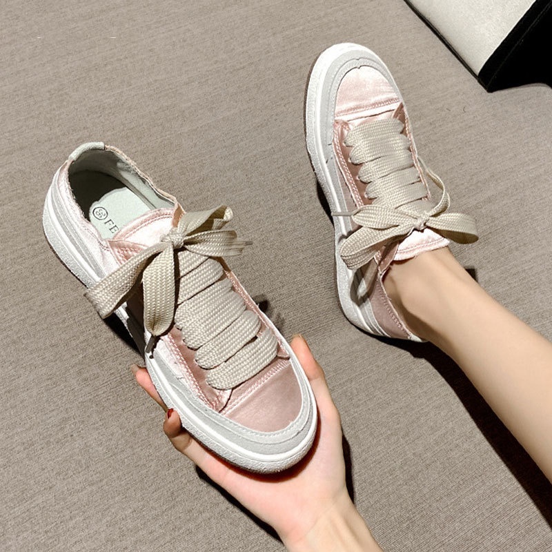 GUDETU Giày Thể Thao Vải Satin Đế Bằng Màu Trắng Cỡ Nhỏ Phong Cách Hàn Quốc Trẻ Trung