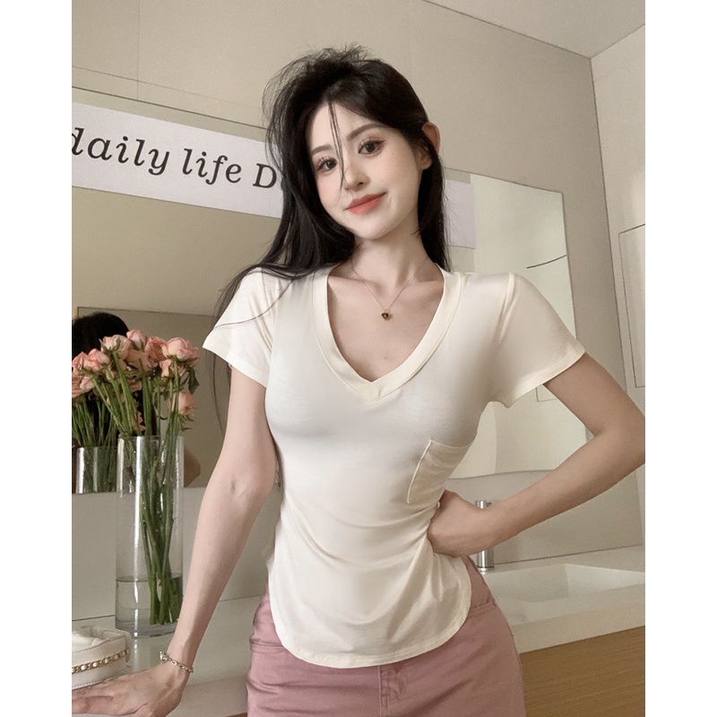 Áo Thun Tay Ngắn Cổ Chữ V Dáng Ôm Phối Túi Thời Trang Quyến Rũ Cho Nữ