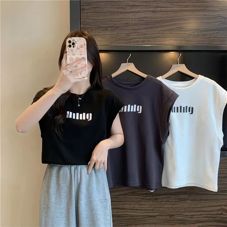 Áo thun SUXI không tay dáng rộng in chữ đơn giản phong cách Hàn Quốc cho nữ