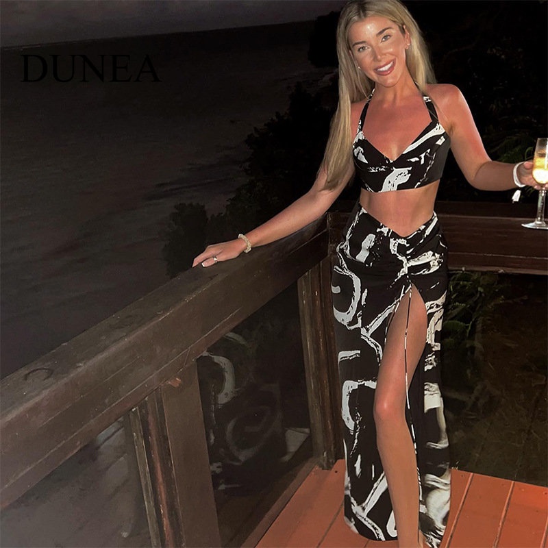 DUNEA Set Áo Cúp Ngực Và Chân Váy Họa Tiết Graffiti Quyến Rũ Dành Cho Nữ