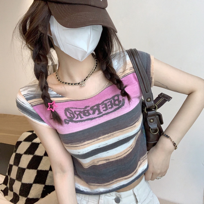 Áo Dệt Kim Dây Rút Kẻ Sọc In Chữ Phong Cách Hàn Quốc Cho Nữ