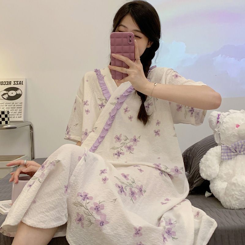 Váy dành cho bà bầu Váy ngủ ngắn tay của phụ nữ Váy bầu dài trung bình Váy mùa hè Váy giam giữ mỏng Kích thước lớn Váy giam giữ Mặc bên ngoài