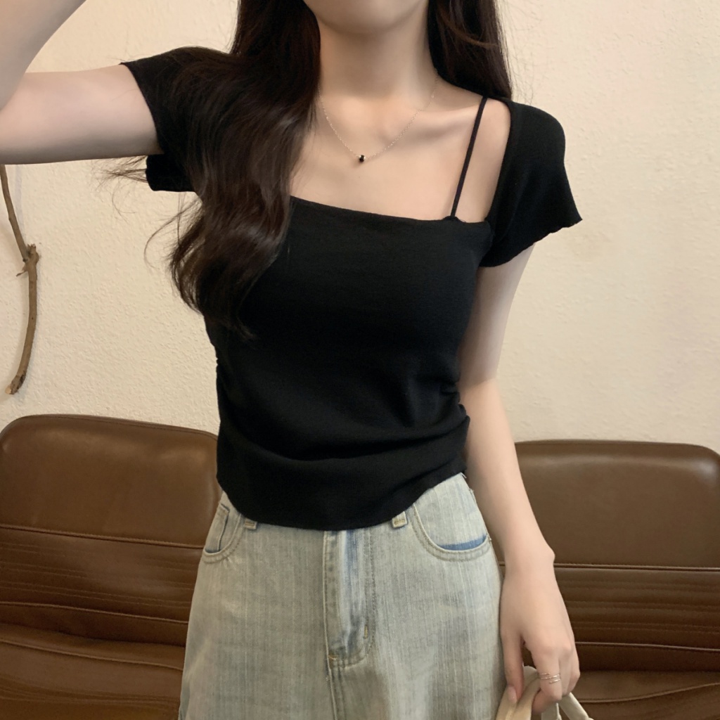 Áo Dệt Kim Ngắn Tay Cổ Vuông Màu Trơn Thời Trang Mùa Hè Hàn Quốc