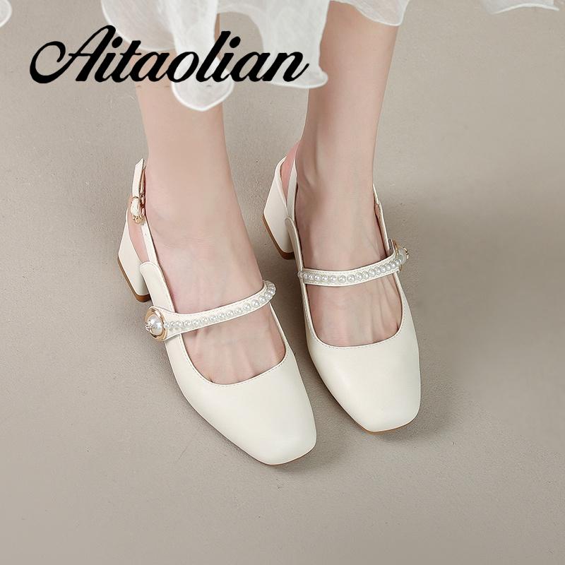 Xăng đan Cao Gót 5cm Da Mềm Mũi Vuông Màu Trơn Đính Ngọc Trai Thời Trang Cho Nữ