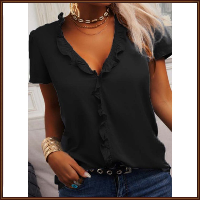 Áo Kiểu Tay Ngắn Cổ Chữ V Màu Trơn Đơn Giản Thời Trang Dành Cho Nữ